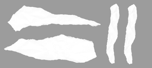 Torn paper pieces on a gray surface, showcasing rough edges and varying shapes, creating a textured and abstract composition isolated on transparent background