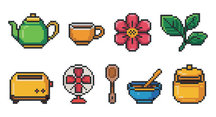 Pixel Art Collection of Everyday Objects in Retro Style