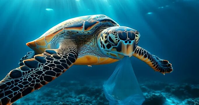 Sea turtle swimming underwater with a plastic bag in its mouth, highlighting ocean pollution 4k video