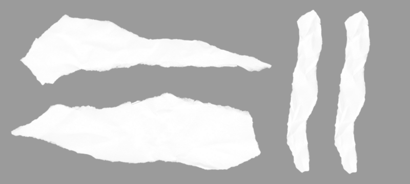 Torn paper pieces on a gray surface, showcasing rough edges and varying shapes, creating a textured and abstract composition isolated on transparent background