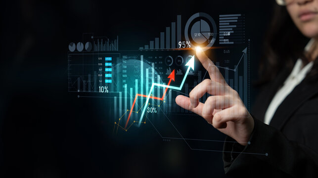 Professional evaluates business metrics through a digital interface, showcasing data trends, growth patterns, and innovative analytics for decision-making. Scalp