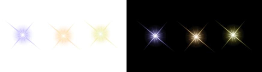 PNG image of&nbsp;Collection of colorful starbursts and lens flares in blue orange and yellow tones against a black backdrop perfect for adding sparkle and light effects to designs on transparent bg