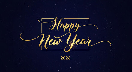 Golden script "Happy New Year" with the year 2026 on a dark blue star field, representing a festive celebration and anticipation of the upcoming year