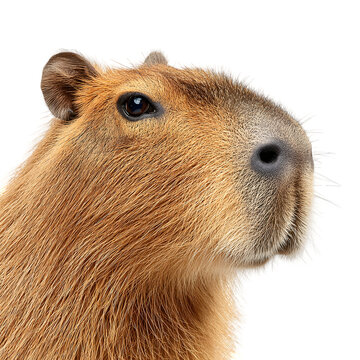 Close up portrait of a friendly capybara rodent looking to the side with a gentle expression isolated on transparent background