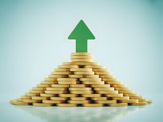 Green arrow pointing up from a pile of gold coins symbolizing financial growth and success