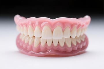 Fototapeta premium Set of dentures. Themes of dentistry, prosthodontics, cosmetic procedures, healthcare, and senior care communications, illustrating tooth replacement, oral rehabilitation, and dental technology