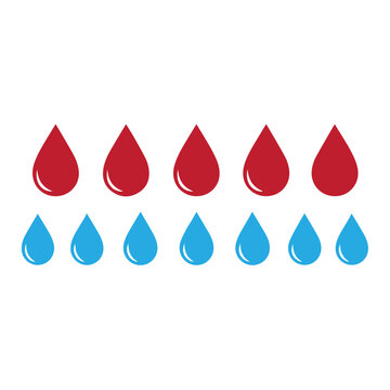 Water drop shape. Blue water drops and blood red drops set. Water or oil drop.