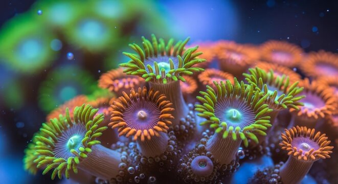 Explore vibrant underwater life with these beautiful zoanthid corals in a stunning reef aquarium, perfect for science projects, educational materials, and ocean conservation campaigns