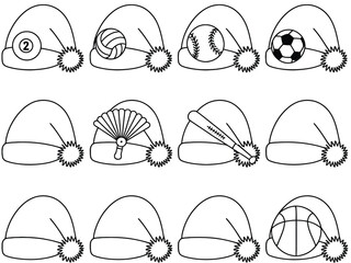 Collection of Santa hats decorated with various sports equipment and symbols.