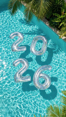 2026, Happy New Year. New Year theme transparent  inflatable numbers with glitter floating in crystal-clear turquoise swimming pool water. Travel, toursim, vacation, holiday concept. 