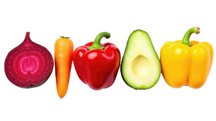 A colorful arrangement of fresh vegetables including carrots, avocado, and red onion