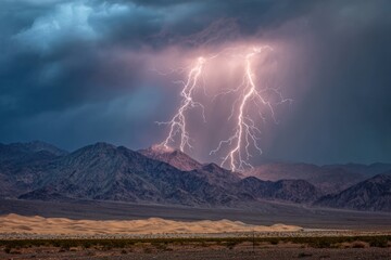 Fototapeta premium Electrical storm illuminates the night sky with striking forked lightning over desert mountains