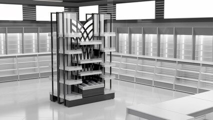 Retail acrylic metal display stand with black arched pattern and white shelves in the store interior with slatwall gondola shelving and cabinets. 3d illustration
