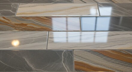 Elegant natural stone effect tiles creating a stylish and modern floor design with reflective surfaces