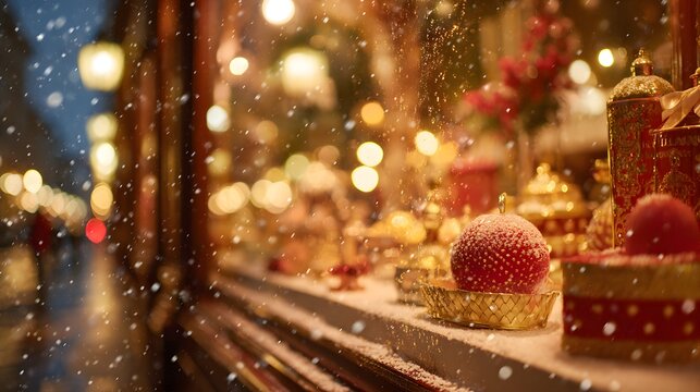 Window display of Christmas decorations including a red ball with snow on it. The scene is set in a snowy city with lights and people walking by