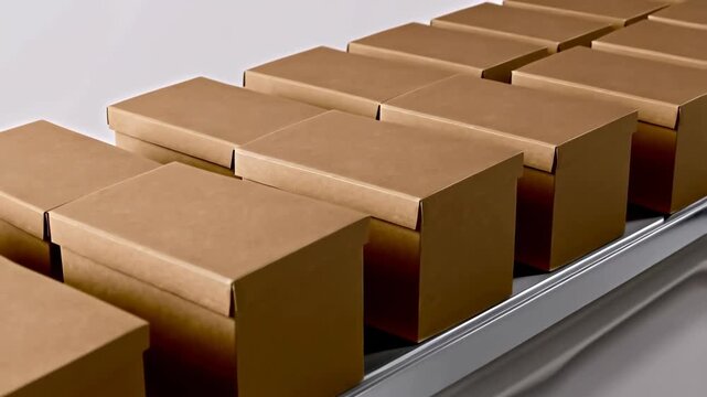Brown cardboard boxes neatly arranged on a conveyor belt symbolize modern packaging and shipping solutions. the image highlights organized logistics, ready for transportation and distribution, ideal f