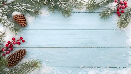 Snowcovered fir branches, pine cones, and red berries frame a rustic light blue wooden background, perfect for winter holiday greetings and seasonal designs