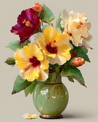 Beautiful bouquet of colorful hibiscus flowers in vase high resolution image