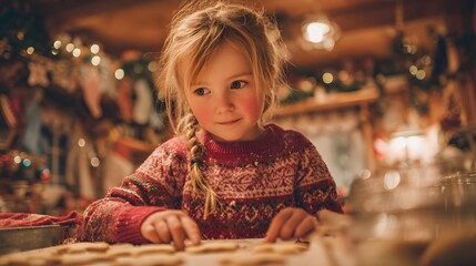 Young girl is sitting at a table with a plate of cookies in front of her. She is wearing a red sweater and has her hair in a braid. The scene is set in a cozy, homey atmosphere