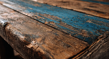 Rusty bolt on weathered blue-painted wooden planks; textured surface concept.