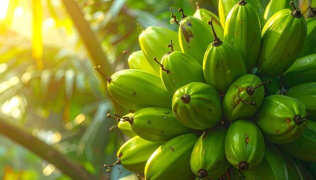 Cluster of unripe green bananas in sunlit tropical setting - Powered by Adobe