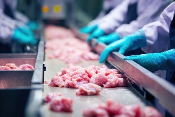 Workers in gloves sorting raw chicken pieces on a production line in a food processing facility during daylight hours