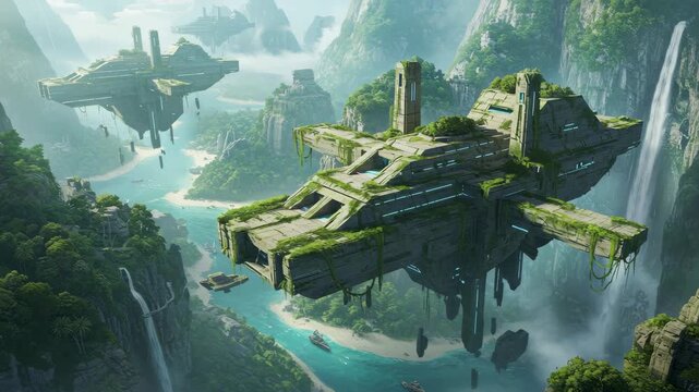 Fantasy Landscape Pixel Art Floating Islands Green Lush Jungle Waterfall Scenery Tropical Mountain Architecture Illustration Digital Computer Graphic Image