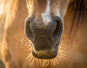 Extreme close-up of a horse's muzzle, illuminated by golden sunlight, showcasing textures and whiskers in sharp detail
