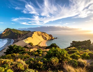 Dramatic coastal landscape with a narrow strip of land dividing sea and a sandy beach under a blue, cloudy sky