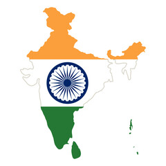India map icon. Tricolor silhouette with Ashoka Chakra vector illustration. National Indian flag sign. Patriotic country shape symbol. Geographic and cultural identity pictogram.