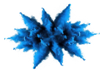 A massive, volumetric cloud of vibrant electric blue and cobalt powder scattering violently in a high-speed macro capture against a transparent background. Concept of explosive kinetic energy