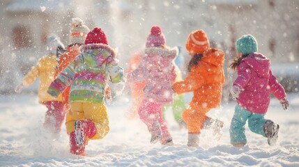 Group of children are running in the snow, wearing colorful winter clothing. The scene is lively and playful, with the children enjoying the winter weather and the snow