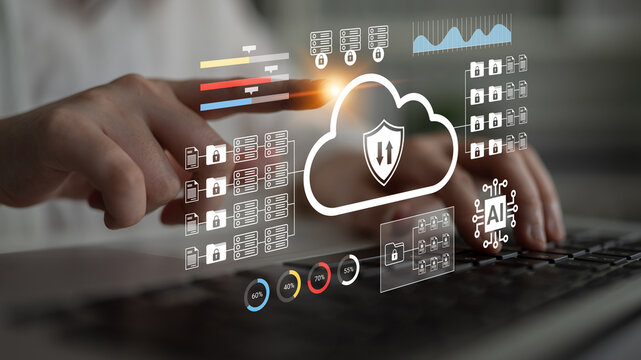 A professional hands work on a laptop while digital graphics illustrate cloud technology and data security, highlighting innovative protection methods in modern computing. Gantry - Powered by Adobe