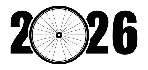 Year 2026 concept with a bicycle wheel replacing the zero, symbolizing cycling, sports events, future trends, and an active lifestyle theme