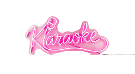 Bright electric pink neon sign reading "karaoke" in elegant calligraphic script with an integrated microphone, glowing intensely against a transparent studio background Concept for entertainment