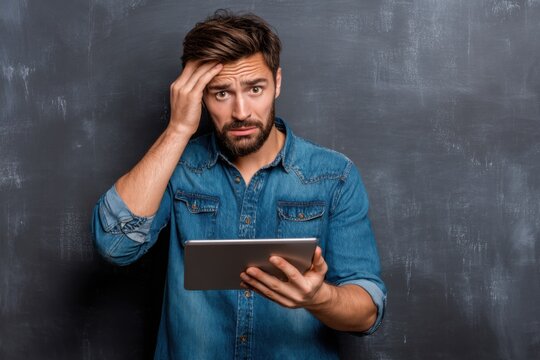 Man in blue shirt looking concerned while holding a tablet in front of a dark background