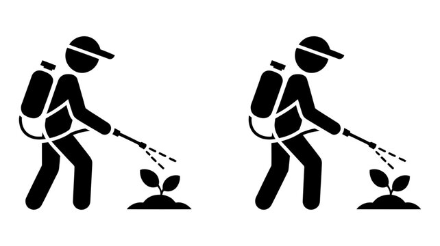 Agricultural worker spraying plant icon. farmer applying pesticide or fertilizer to a small seedling with a backpack sprayer. crop protection.
