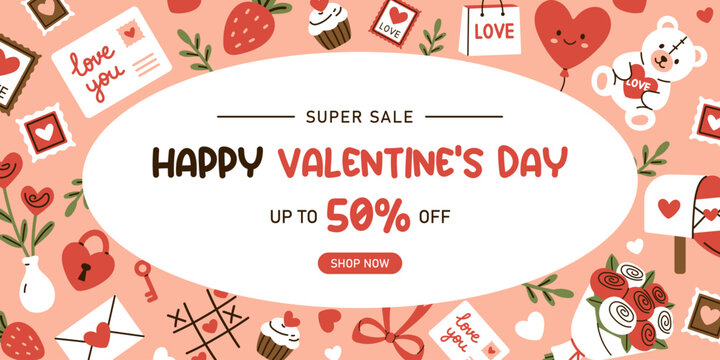Vector valentines day super sale banner for happy Valentines day promotion with romantic discount offer up to 50 percent off. Festive holiday background with cute elements on pink backdrop.