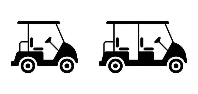 Golf cart icon set, featuring two distinct vector silhouettes of electric golf buggies, ideal for sports, transportation, and leisure designs
