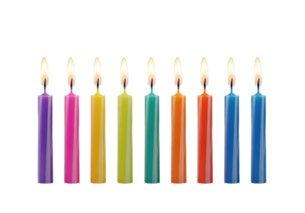 seven striped, brightly burning birthday candles in a precise row, macro shot against a transparent studio background with copy space, photorealistic product photography concept of celebration