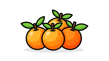 Four fresh cartoon oranges with green leaves, simple vector art