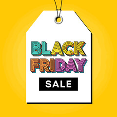 Black friday sale tag with colorful retro text on yellow backdrop