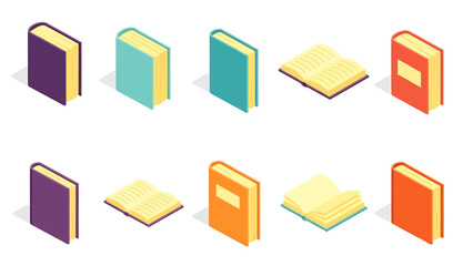 Isometric books collection in various colors, learning and knowledge.