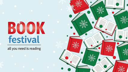 Winter book festival event banner with festive reading theme