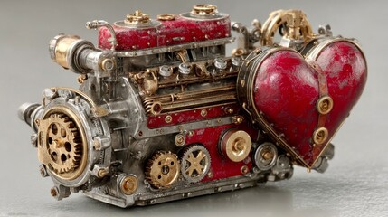 Steampunk car engine featuring intricate golden gears and a decorative red heart component designed for creative projects and automotive enthusiasts