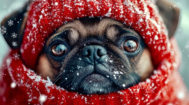 Playful pug wearing a cozy red sweater amidst falling snowflakes, capturing the joy of winter days