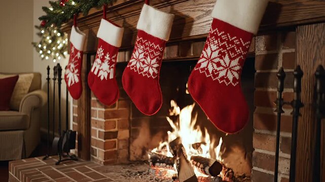 A row of festive red knitted stockings with snowflake patterns hanging over a warm, crackling fireplace for a traditional holiday celebration