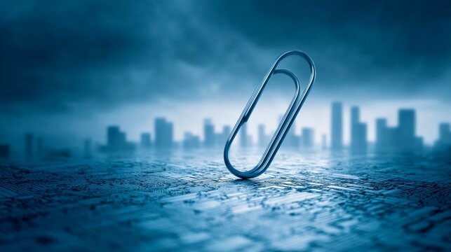 Metallic paperclip stands upright on a textured surface with a city skyline in the background, showcasing creativity and work organization