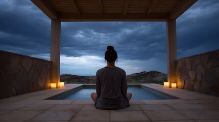 A person meditates by an outdoor pool under a dramatic stormy sky at dusk illuminated by candles