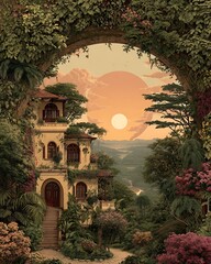 Beautiful sunset view over tropical forest villa high resolution picture